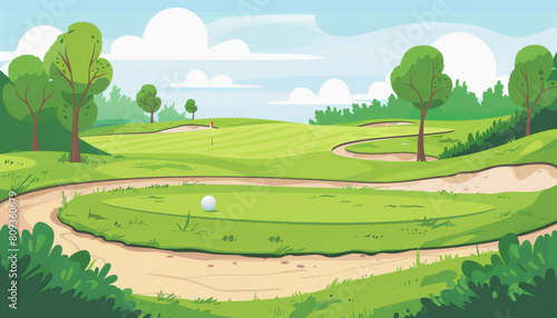 Illustration of a serene golf course with a sand bunker in the foreground, putting green in the distance, and lush trees under a clear sky.