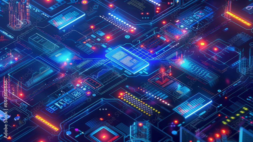 Intelligent Economy : A digital illustration of an intricate circuit board with glowing blue and red elements, representing a high-tech electronic system or computer motherboard. Intelligent Economy : A digital illustration of an intricate circuit board with glowing blue and red elements, representing a high-tech electronic system or computer motherboard.