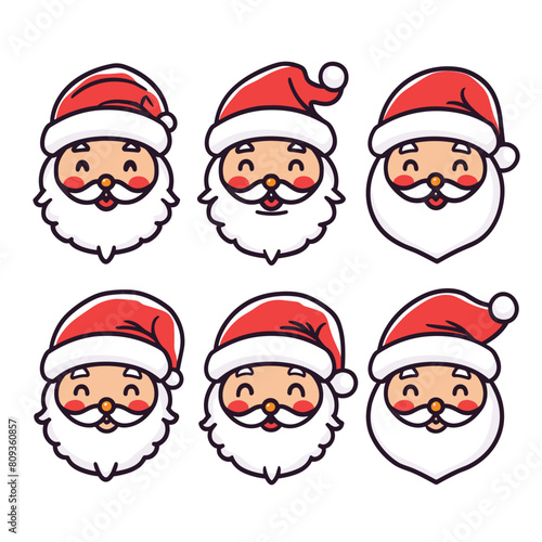 Collection six Santa Claus faces expressing different emotions. Santa has distinct facial expression, showcasing happiness, surprise, contentment, while wearing traditional red hats. Cartoon style