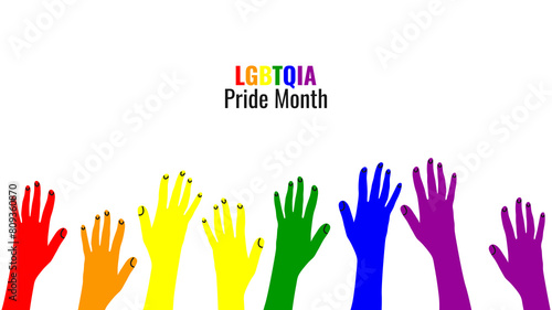 LGBTQ banner with symbols celebrating Pride Month. Colored hands people. Rainbow elements. Gay pride parade. Vector illustration.