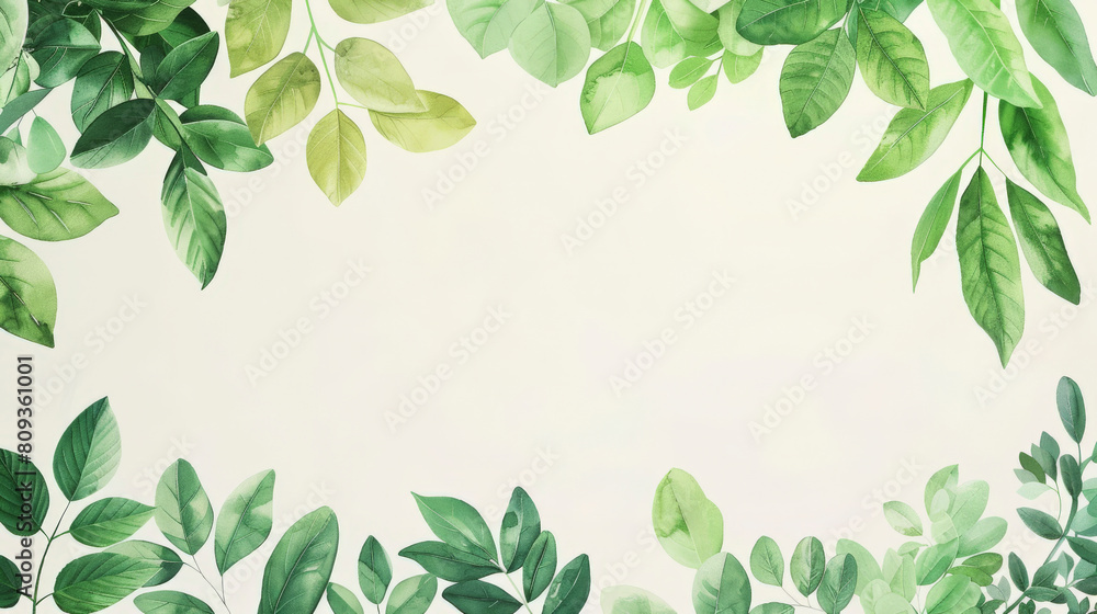 The image is a border of green leaves with a gradient of shades arranged around the edge, leaving a clean, white background in the center for text or design. The image is a border of green leaves with a gradient of shades arranged around the edge, leaving a clean, white background in the center for text or design.