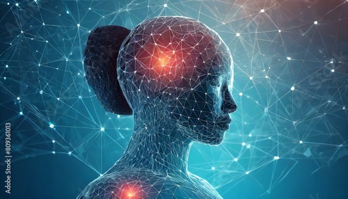 Cuerpo humano digital mostrando puntos de dolor en estilo poligonal. Silueta de alambre sobre fondo azul de baja poligonalidad. Modelo futurista masculino o femenino. Ilustración 3D vectorial  photo