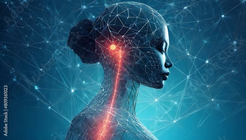 Cuerpo humano digital mostrando puntos de dolor en estilo poligonal. Silueta de alambre sobre fondo azul de baja poligonalidad. Modelo futurista masculino o femenino. Ilustración 3D vectorial 