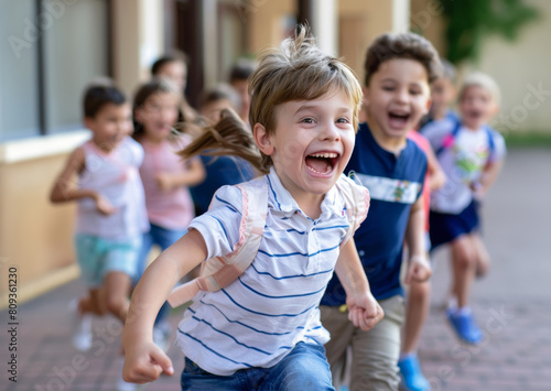 Portrait of happy little boy running in school corridor with group of children