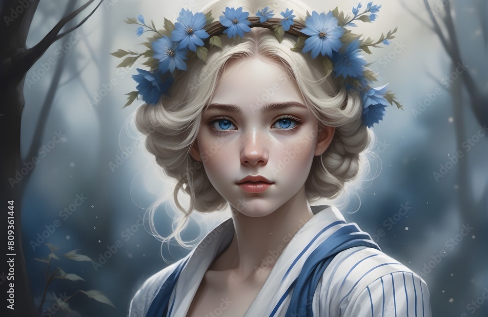 Fantasy illustration of a young woman with a wreath of flowers adorning her hair, her hair a beautiful mixture of light blonde and silver cascading down her shoulders.