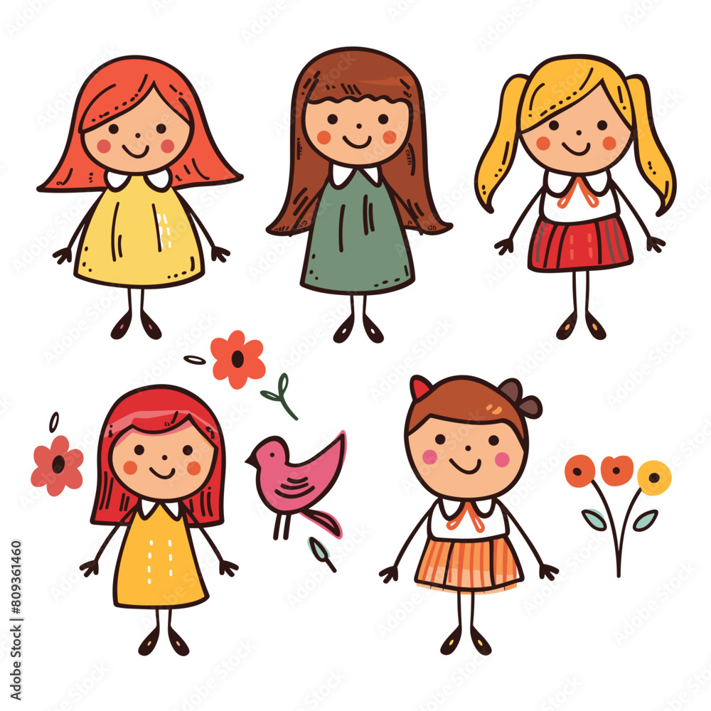 Six cartoon girls smiling, different hairstyles, colorful dresses. Childlike drawings, flowers, bird, cheerful kid characters. Girls illustrated simple lines, bright colors, happy expressions Six cartoon girls smiling, different hairstyles, colorful dresses. Childlike drawings, flowers, bird, cheerful kid characters. Girls illustrated simple lines, bright colors, happy expressions