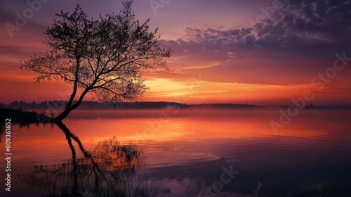 A single tree stands majestically by the edge of a calm lake reflecting the vibrant colors of a sunset with clouds scattered across the sky, illustrating the tranquility of nature © aicandy