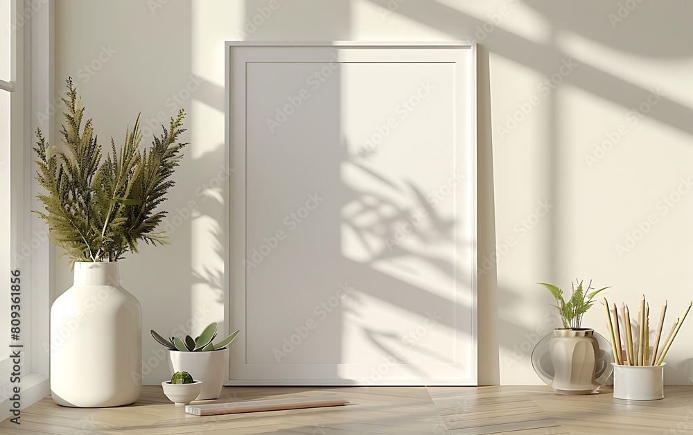 mockup frame in a serene office space. Emphasized simplicity and cleanliness against a light background mockup frame in a serene office space. Emphasized simplicity and cleanliness against a light background