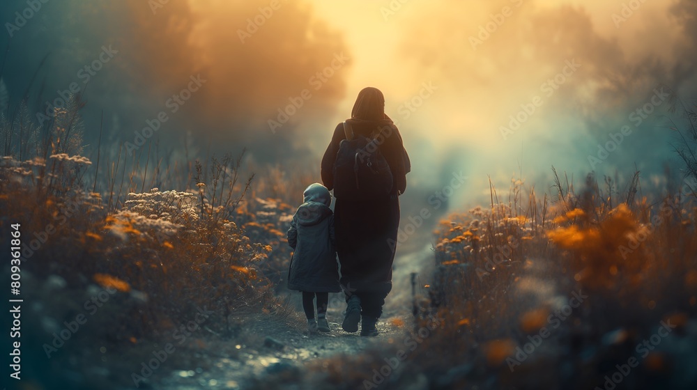 Dramatic Golden Hour Journey: A Mother and Child Walking Through Flower Field In Foggy Weather,  Mother Care and Love, A Mother Leads Her Young Chile Through A Misty Field, Copy Space