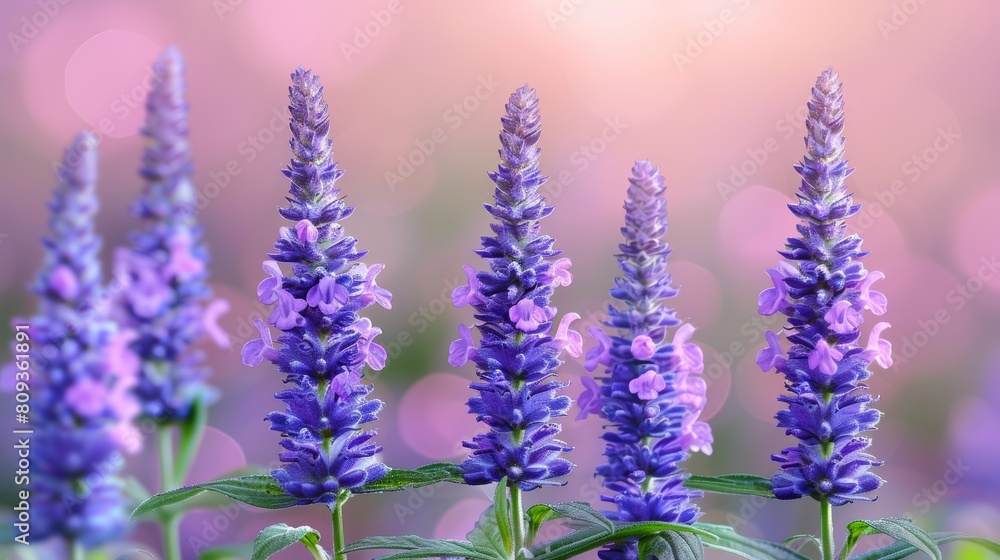 Obraz premium A Close-up View of Vibrant Purple Lupine Flowers Bloomimg Elegantly Against a Soft Pink Background Highlighting Natural Beauty