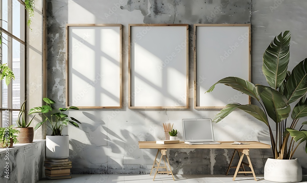 mockup frame in a light, minimalist office environment. Focus on clean aesthetics and simple details mockup frame in a light, minimalist office environment. Focus on clean aesthetics and simple details