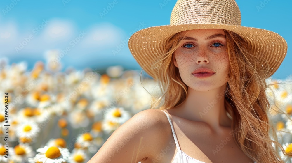 A young woman with light hair and freckles wearing a straw hat stands amidst a field of blooming daisies under a clear blue sky