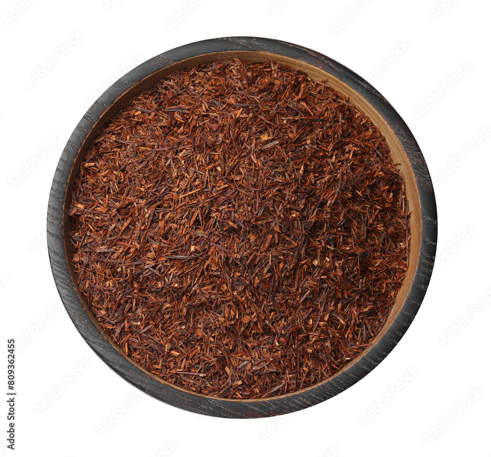 Rooibos tea in bowl isolated on white, top view Rooibos tea in bowl isolated on white, top view
