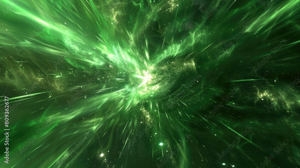 image of birth of a new star in space, radial rays, flying particles, green color AI generated image of birth of a new star in space, radial rays, flying particles, green color AI generated
