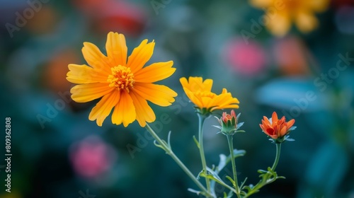 Vibrant close-up of bright orange cosmos flowers blooming in a garden, showcasing their delicate petals and lush green background in a serene atmosphere © aicandy