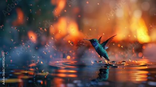 nature landscape with a very small beautiful hummingbird flying with a water drop to a forest fire in the distance, blue color AI generated