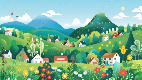 Nature and landscape. Vector illustrations of trees, forests, mountains, flowers, plants, houses, fields, farms and villages. Image for background, card or cover AI generated