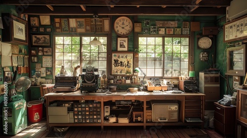 A vintage collector s workstation filled with old radios  typewriters  and assorted memorabilia  showcasing a blend of nostalgia and creativity in a rustic setting with natural lighting
