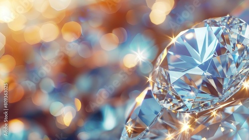 Close-up of sparkling diamond with brilliant cuts against bokeh light background photo