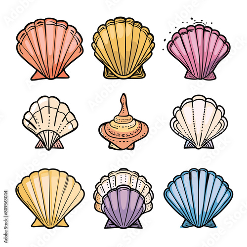 Set colorful seashell illustrations isolated white background  marine conch shells cartoon drawing  sea mollusk clipart. Assorted seashells vector graphics  nautical beach theme decoration  marine