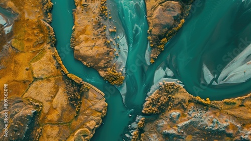 Aerial view of river with sediment and algae photo