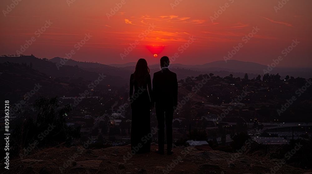Fototapeta premium Two Silhouetted People Enjoying a Dramatic Sunset Overlooking a Cityscape, Capturing a Moment of Tranquility and Connection