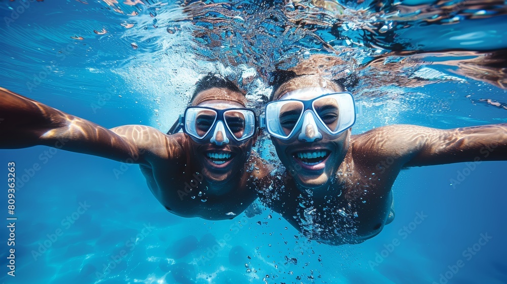 Fototapeta premium Two joyful people wearing snorkeling masks dive under clear blue ocean water, capturing the thrill and beauty of underwater adventures