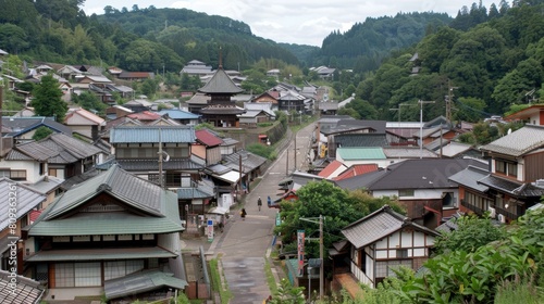 A scenic view of a traditional Japanese village nestled in a lush green valley, showcasing typical architecture and serene atmosphere