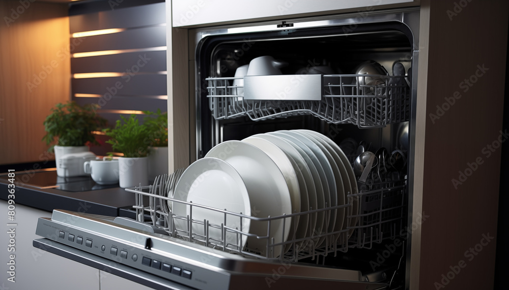 A modern dishwasher with clean dishes and cutlery inside The dishwasher is open and the dishes are visible A modern dishwasher with clean dishes and cutlery inside The dishwasher is open and the dishes are visible