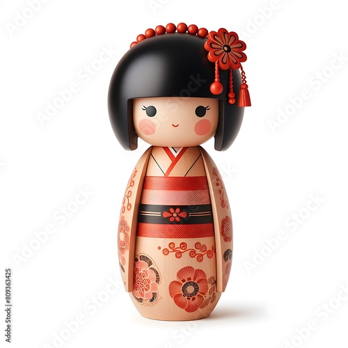 Japanese Kimmidoll Nobuko maxi kokeshi wooden doll isolated on white background photo