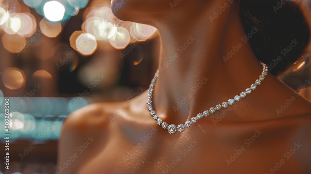 Elegant diamond necklace on woman's neck