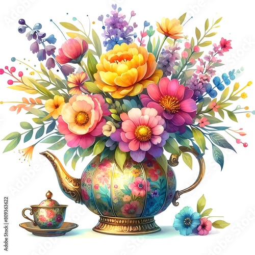 Colorful bright watercolor flower bouquet in vintage teapot. Beautiful floral clip art design element for invitation  greeting card  stickers
