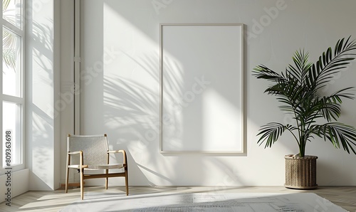 mockup frame in a light  airy office interior. Focus on simplicity and clean lines for a minimalist look