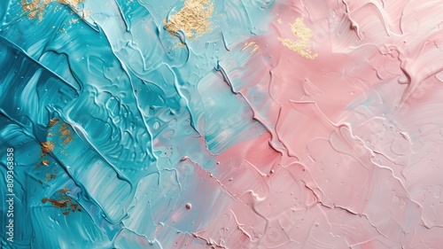 Abstract image of blue and pink marbled paint with gold accents