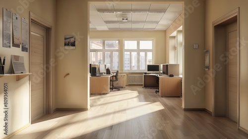 Beige open space office interior with poster realistic