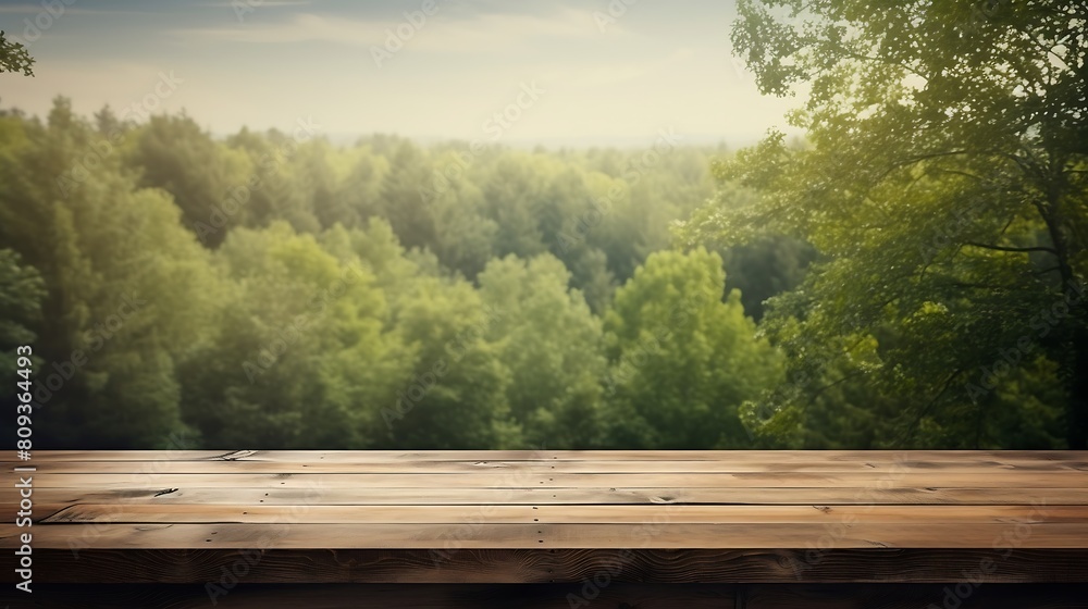 Empty wooden table with forest background Empty wooden table with forest background