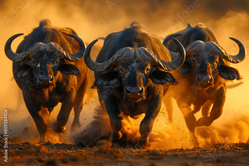 African buffaloes in powerful motion, muscles rippling as they flee through the savanna at sunset under a blazing dust ground background 