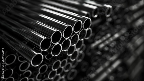 Pile of alluminium pipes in the factory photo