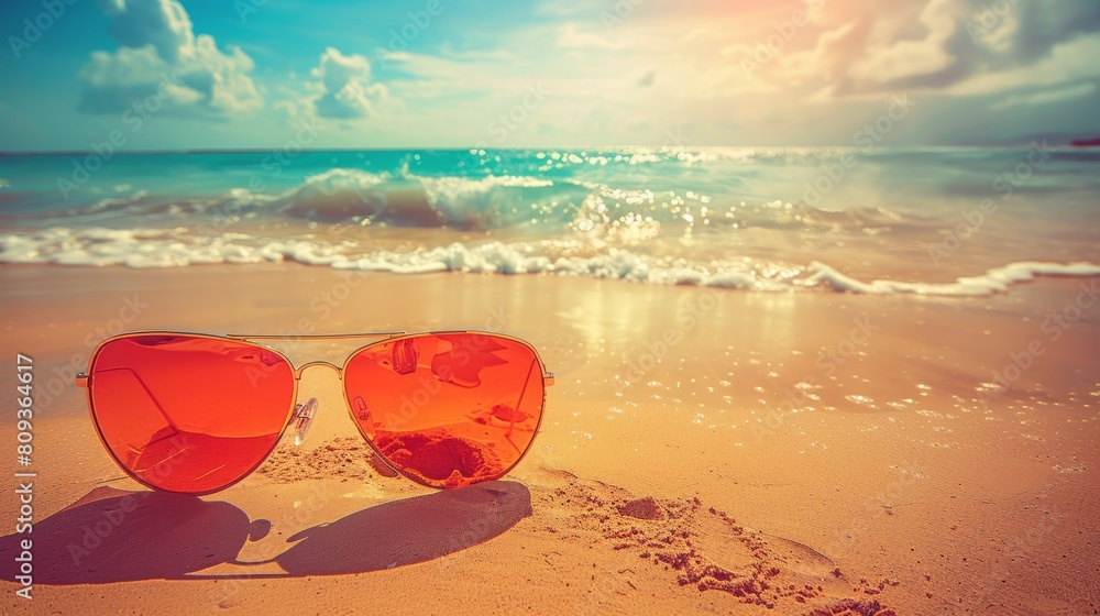 A pair of sunglasses resting on a sunny beach, capturing the vibrant essence of summer and the gentle movements of ocean waves A pair of sunglasses resting on a sunny beach, capturing the vibrant essence of summer and the gentle movements of ocean waves