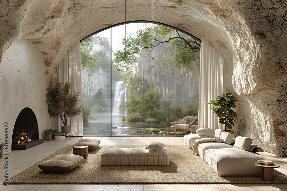 Fototapeta premium Panoramic coastal living room with minimalist decor, featuring a natural stone fireplace and a serene palette of ocean mist and cloud white, in early evening light.