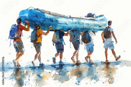 Blue watercolor paint of people teamwork carrying inflatable boat photo