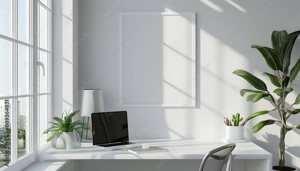 Fototapeta premium white frame mockup in a serene, well-lit office space. Ensure neatness and clean lines for a minimalist look