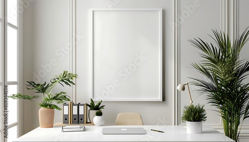 white frame mockup in a serene  well-lit office space. Ensure neatness and clean lines for a minimalist look