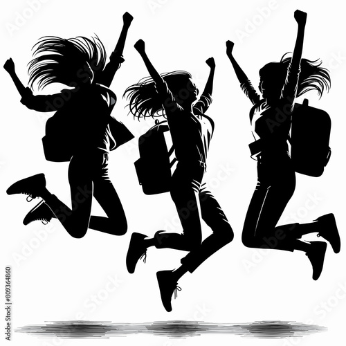 Silhouette of three happy teenage girls jumping in excitement. School holidays.  Black and white illustration.