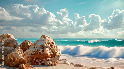 coral rocks on the beach facing the sea. 4k video photo