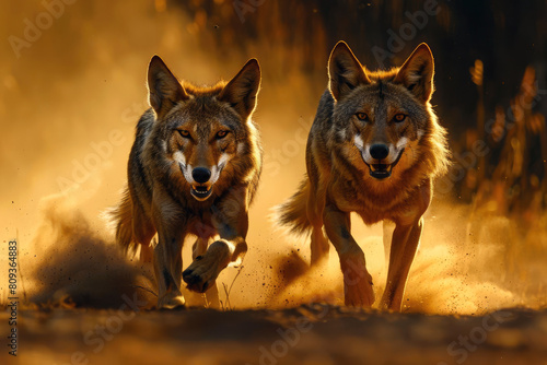 African Ethiopian wolves in a spirited charge through the desert at sunset  powerful and graceful in a dynamic display of wildlife action under glowing skies
