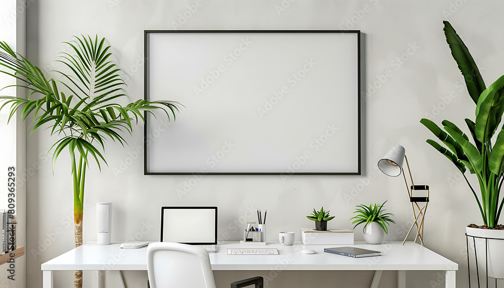 white frame mockup in a simple, elegant office setting. Ensure cleanliness and neatness for a polished look white frame mockup in a simple, elegant office setting. Ensure cleanliness and neatness for a polished look