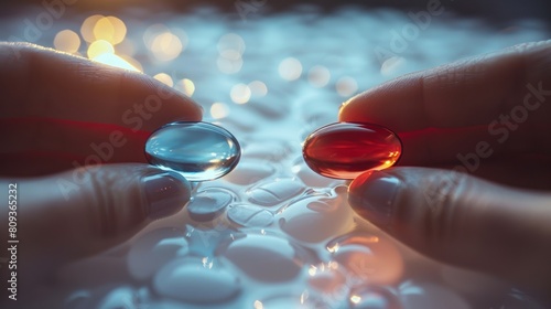 Choice concept: red and blue pills in hands with bokeh lights photo