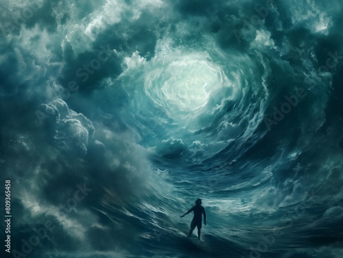 A man is in the middle of a huge wave, surrounded by water. Scene is intense and dramatic, as the man is in a dangerous situation. The idea of the image is to convey the power