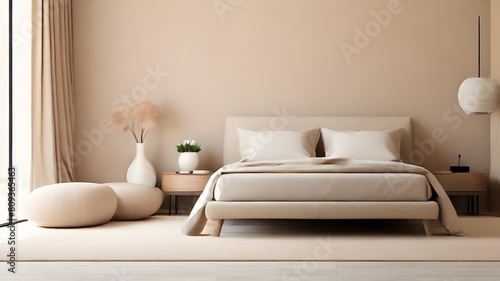 Minimalist interior design of modern bedroom with beige stucco wall. 